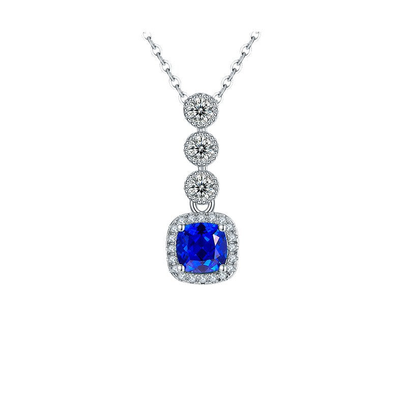S925 Sterling Silver Royal Blue Lab Sapphire Three-Layer Round Pave Necklace, Premium for Women - Photo 5