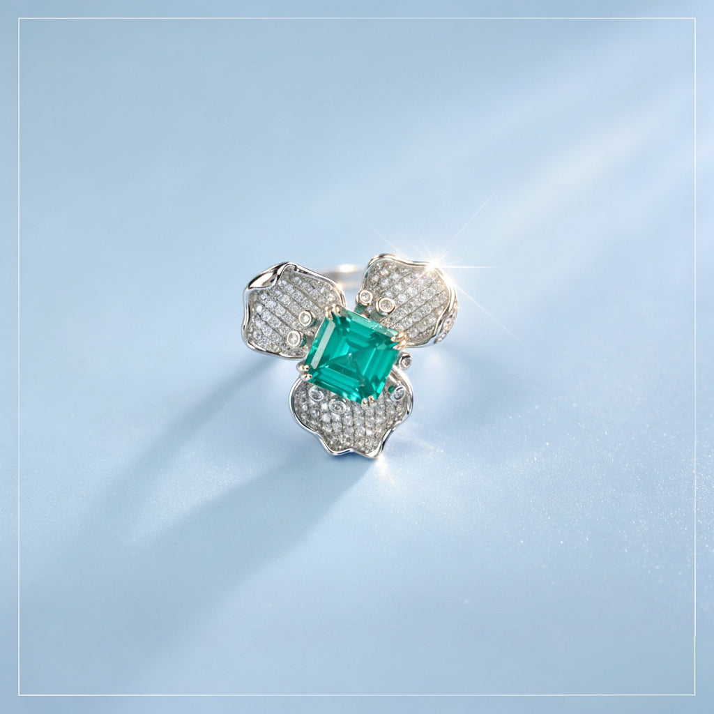 S925 Sterling Silver Paraiba Sapphire Flower Ring, Designer Versatile - Photo 1
