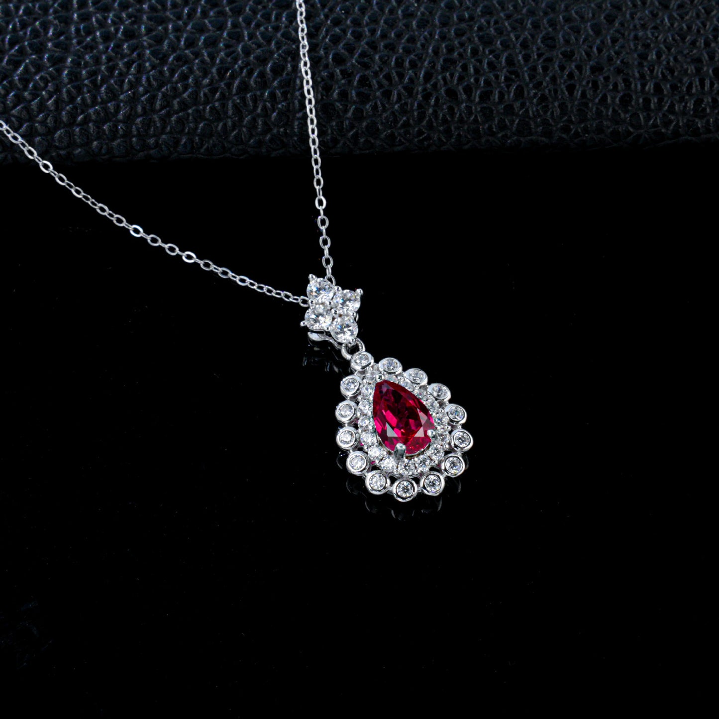 S925 Silver Pigeon Blood Lab Ruby Teardrop Halo Necklace, Premium Versatile Gift - Photo 3