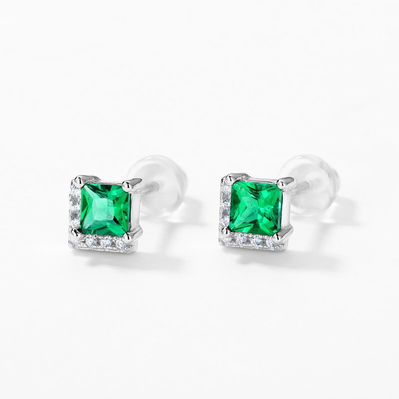 Lab Emerald S925 Silver Stud Earrings, Square Vintage Premium - Photo 2