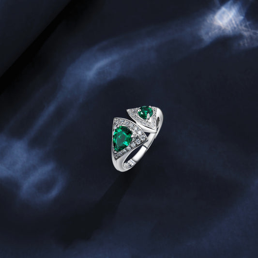 925 Sterling Silver Lab Emerald Double-Stone Ring, Unique Versatile - Photo 3