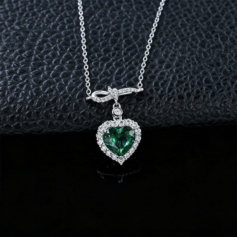 S925 Silver Heart Lab Emerald Full Diamond Halo Necklace, Premium - Photo 3