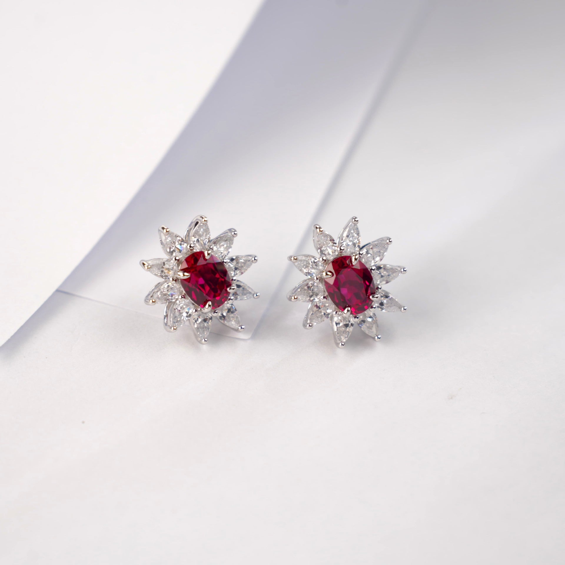 S925 Sterling Silver Lab Pigeon Blood Ruby Sunflower colourful Halo Stud Earrings, Premium for Women - Photo 6