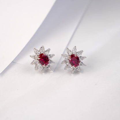 S925 Sterling Silver Lab Pigeon Blood Ruby Sunflower colourful Halo Stud Earrings, Premium for Women - Photo 6