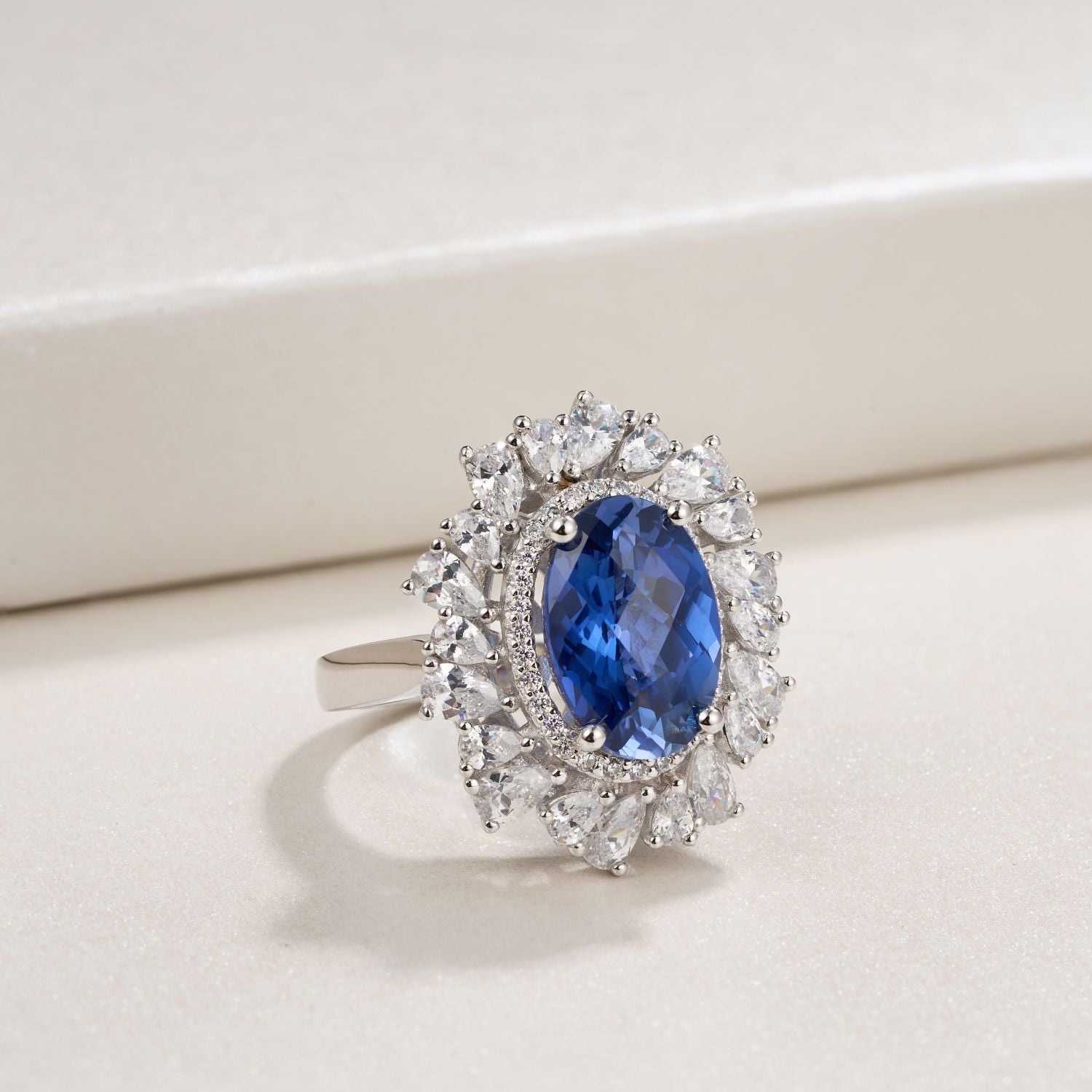 S925 Sterling Silver Lab Sapphire Ring Vintage Premium - Photo 1