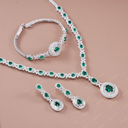 925 Sterling Silver Oval Lab Emerald 3-Piece Jewellery Set (Bracelet, Earrings, Necklace), Luxurious - Photo 3