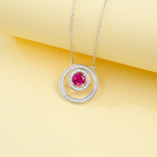 S925 Sterling Silver Lab Ruby Double-Ring Halo Pendant Necklace, Premium Jewellery - Photo 3