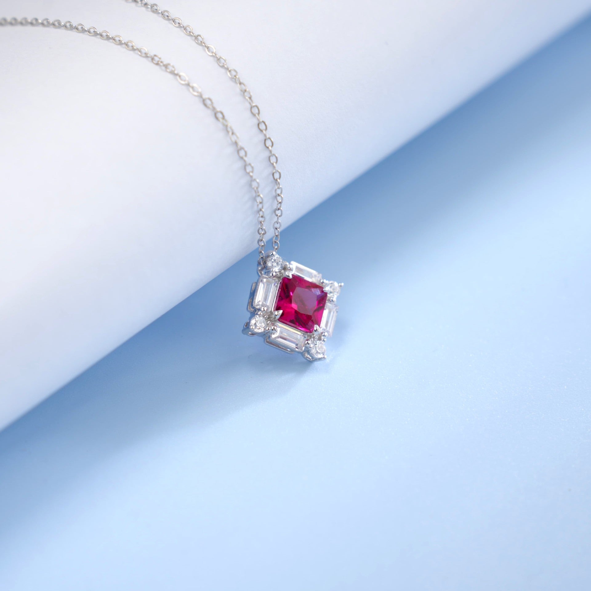 S925 Sterling Silver Square Emerald-Cut Ruby Pendant Necklace, Designer - Photo 2