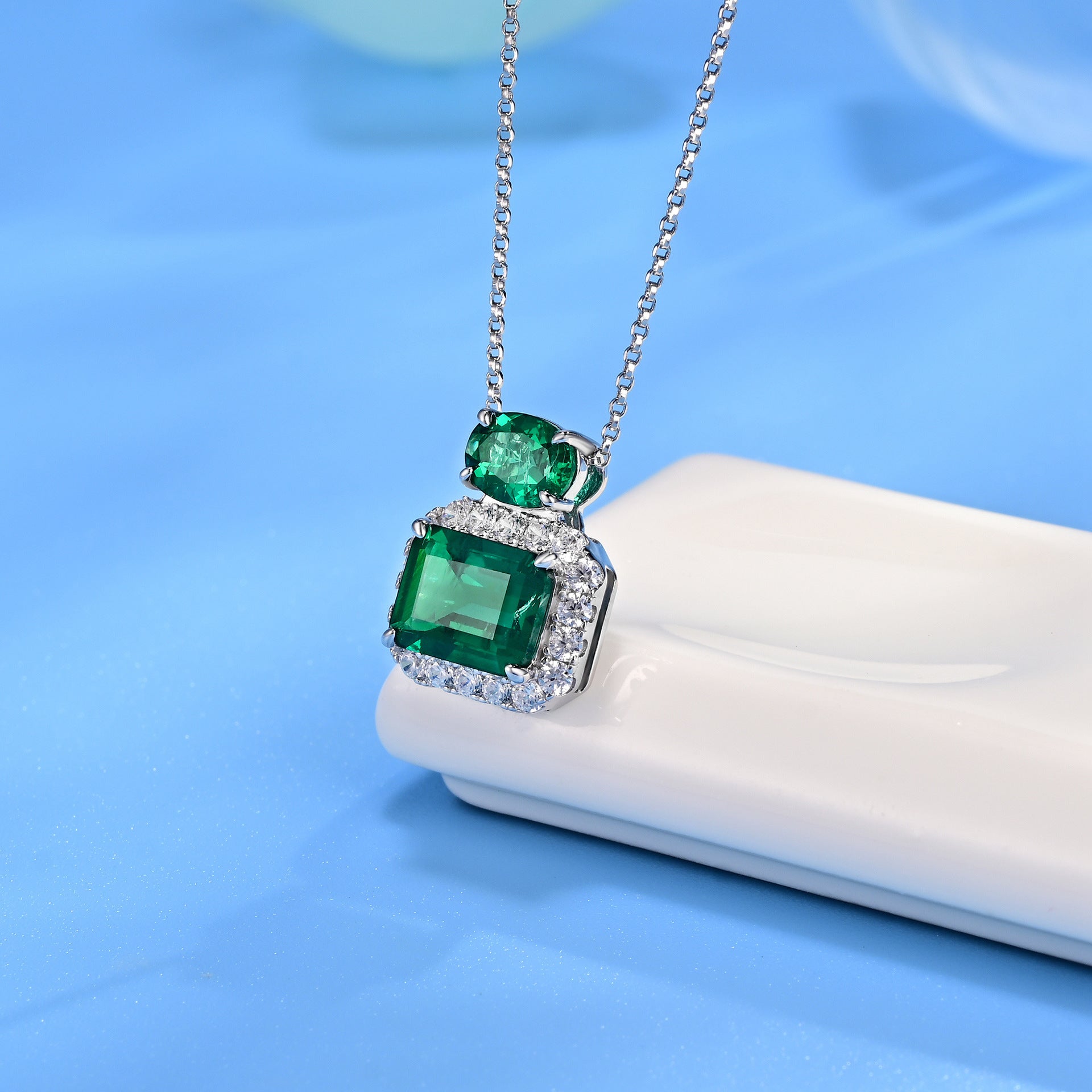 S925 Silver Lab Emerald Necklace Square Premium - Photo 2