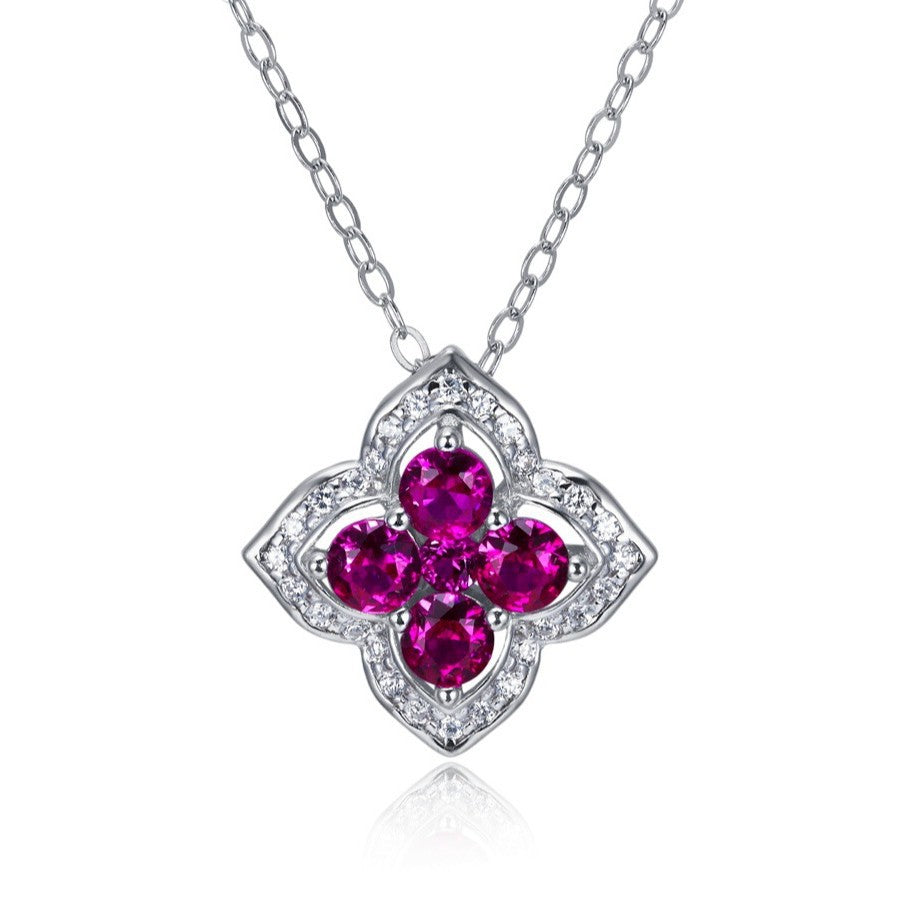 Lab Ruby Necklace S925 Sterling Silver Sparkling Four-Leaf Clover, Sweet - Photo 5