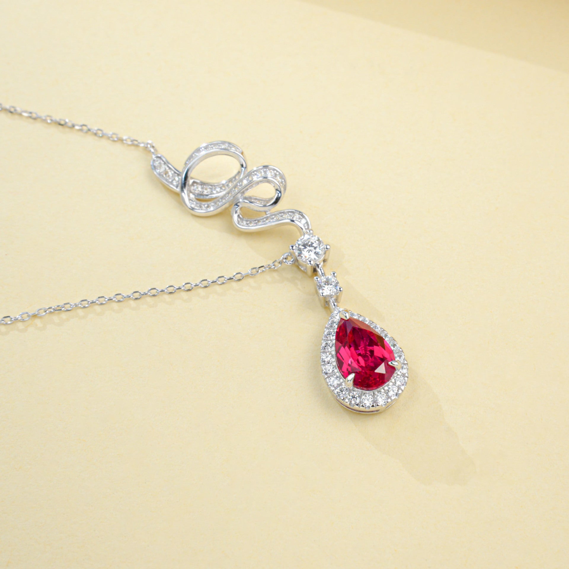 S925 Silver Twisted Diamond Chain Teardrop Lab Ruby Pendant Necklace - Photo 4
