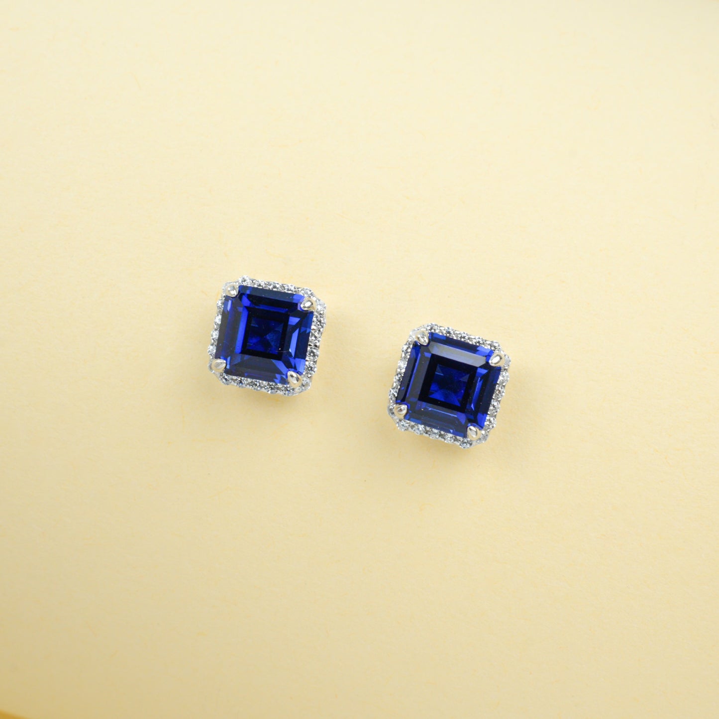 S925 Silver Classic Cushion Lab Sapphire Halo Stud Earrings, Pair Earrings - Photo 2