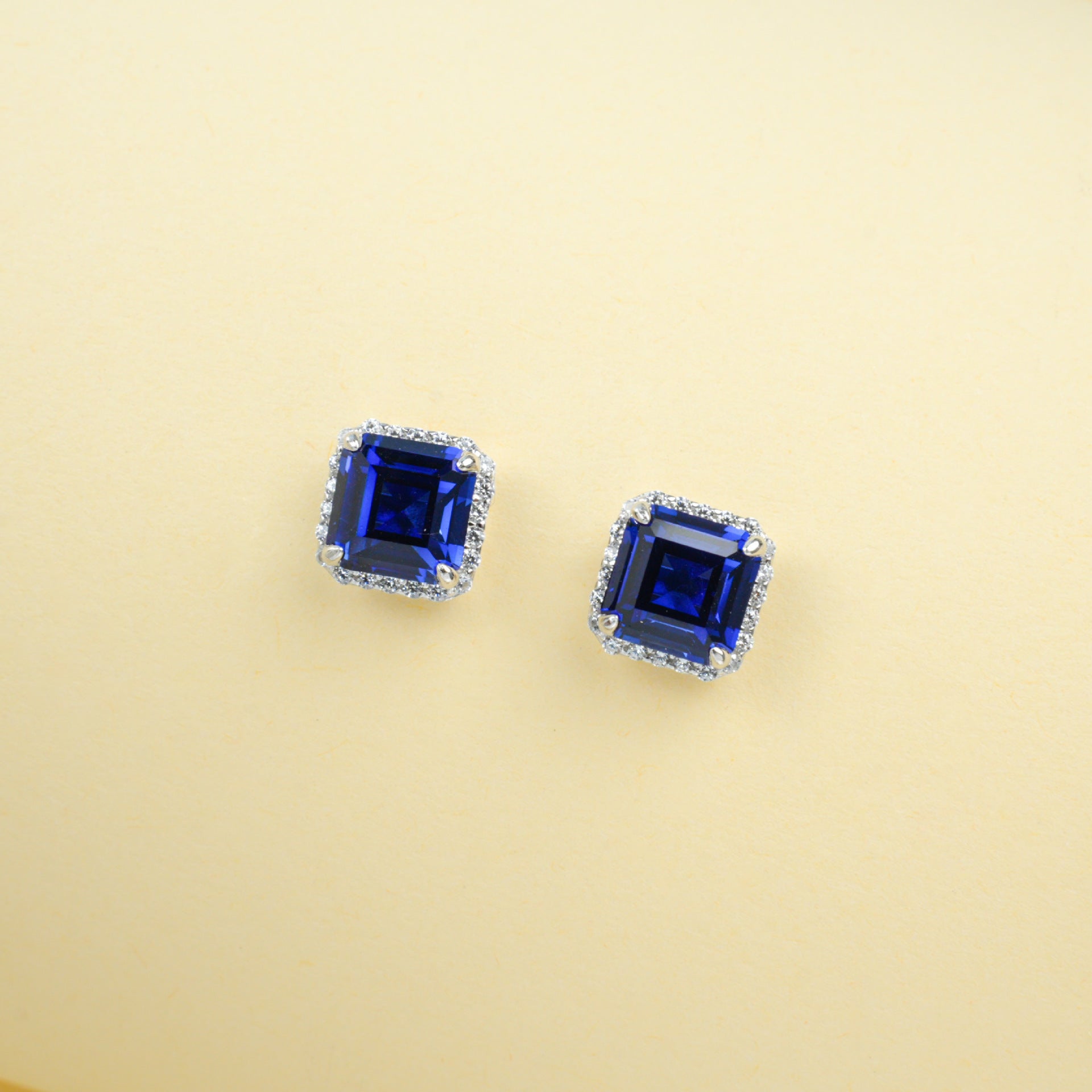 S925 Silver Classic Cushion Lab Sapphire Halo Stud Earrings, Pair Earrings - Photo 2