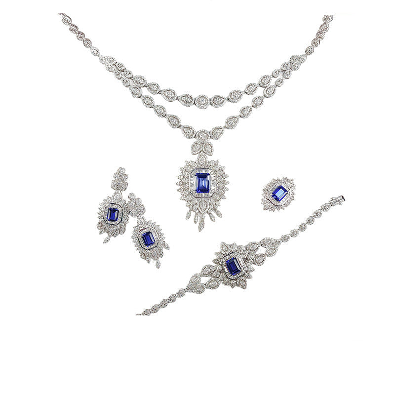 S925 Sterling Silver Royal Blue Lab Sapphire Vintage Pave Necklace Jewellery Set (3-Piece), Premium - Photo 1