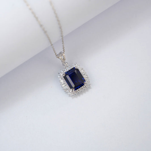 S925 Sterling Silver Lab Royal Blue Square Gemstone Pendant Choker, Premium - Photo 4