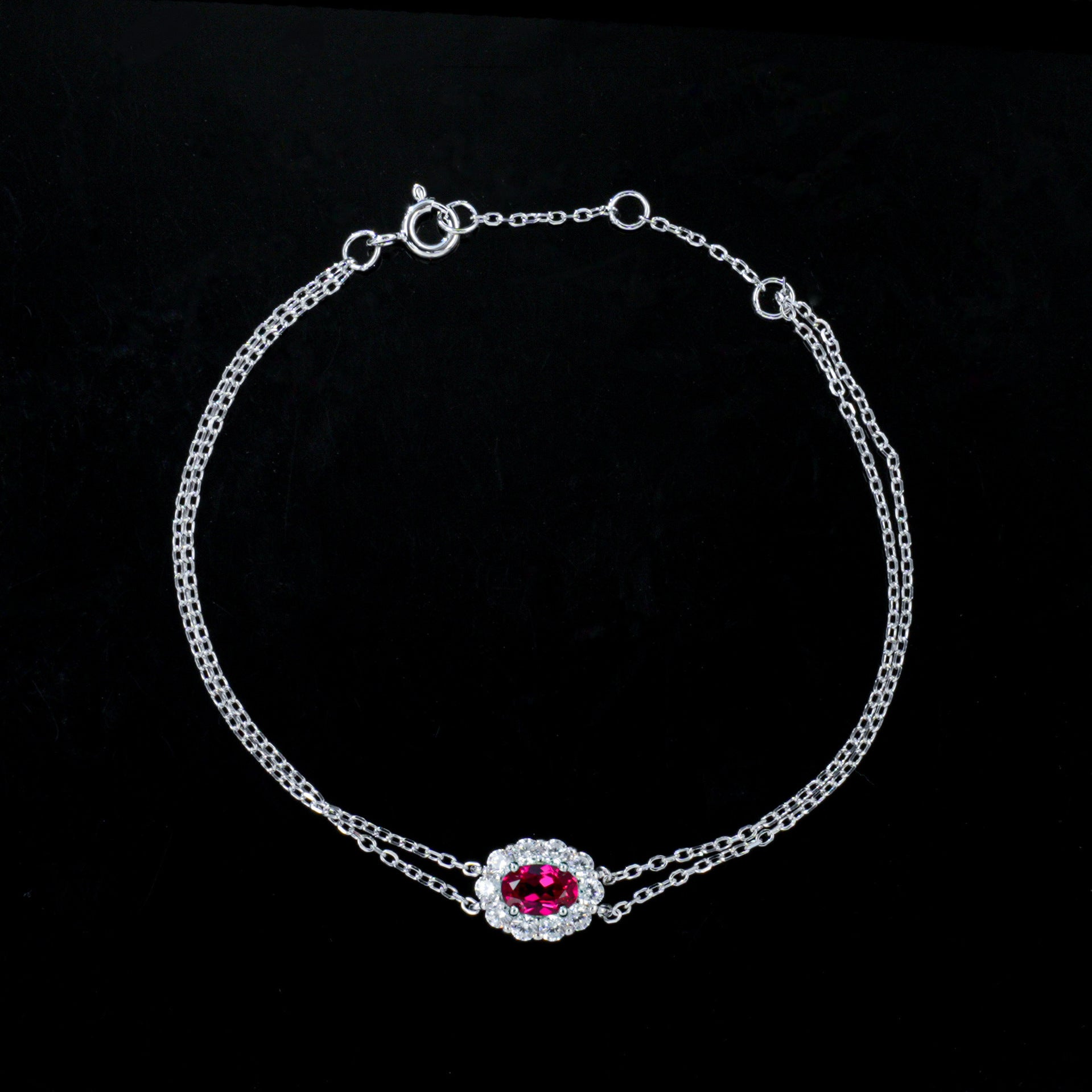 S925 Silver O-Link Slim Chain Oval Lab Ruby Single-Halo Bracelet, Premium - Photo 4