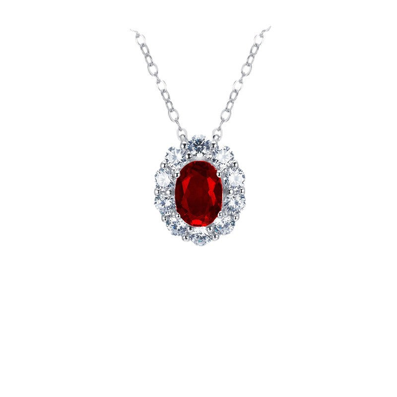 S925 Sterling Silver Lab Pigeon Blood Ruby Halo Pendant Necklace, for Women - Photo 5