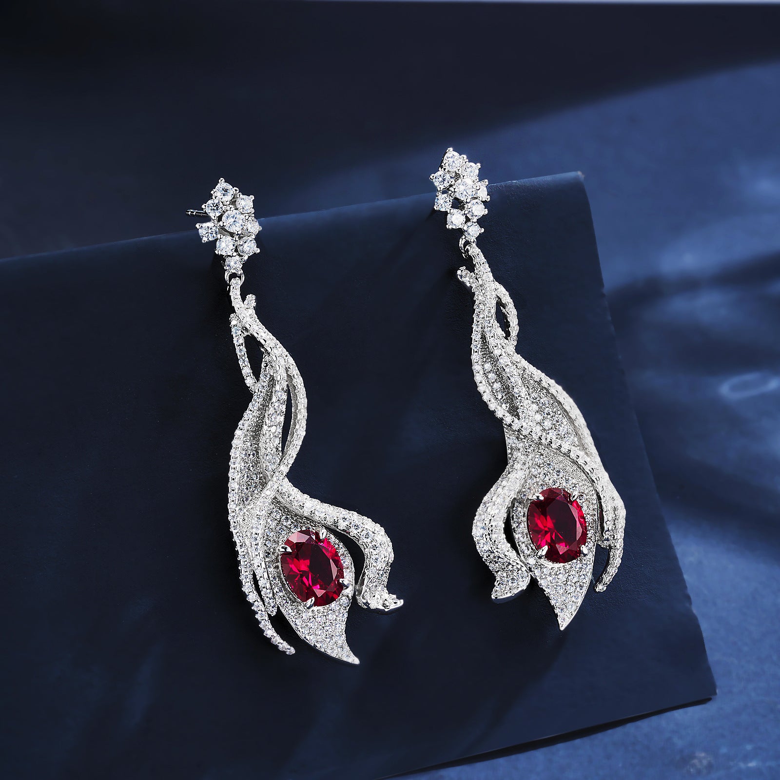 S925 Sterling Silver Lab Pigeon Blood Ruby Phoenix-Tail Pave Long Earrings, for Women - Photo 2