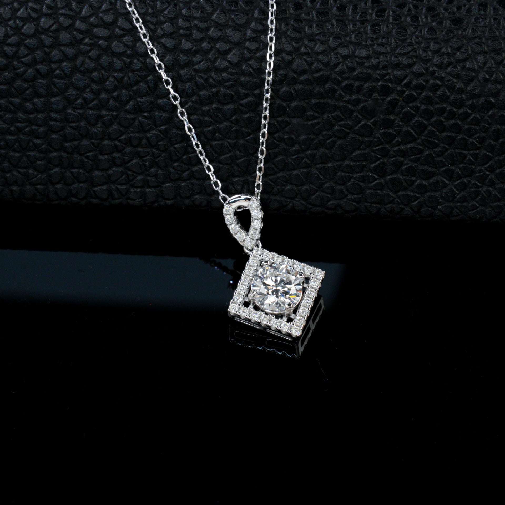 S925 Sterling Silver Lab Diamond Square Halo Necklace, Premium - Photo 2