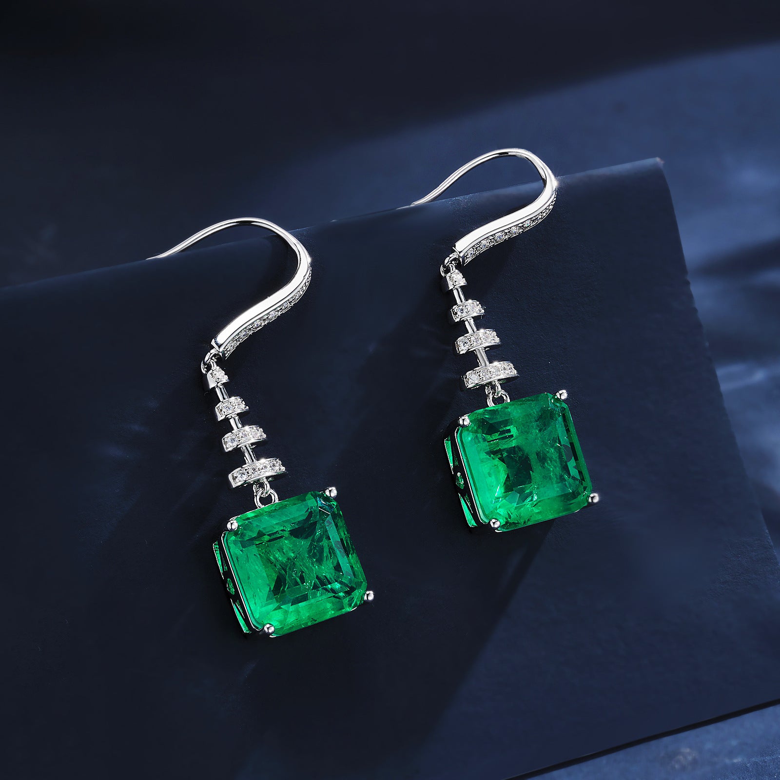 S925 Sterling Silver Lab Emerald Earrings, Premium Gemstone Evening - Photo 4