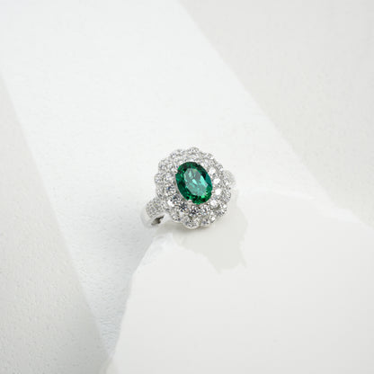 S925 Sterling Silver Oval Lab Emerald Double-Halo Pave Ring, Vintage for Women - Photo 3