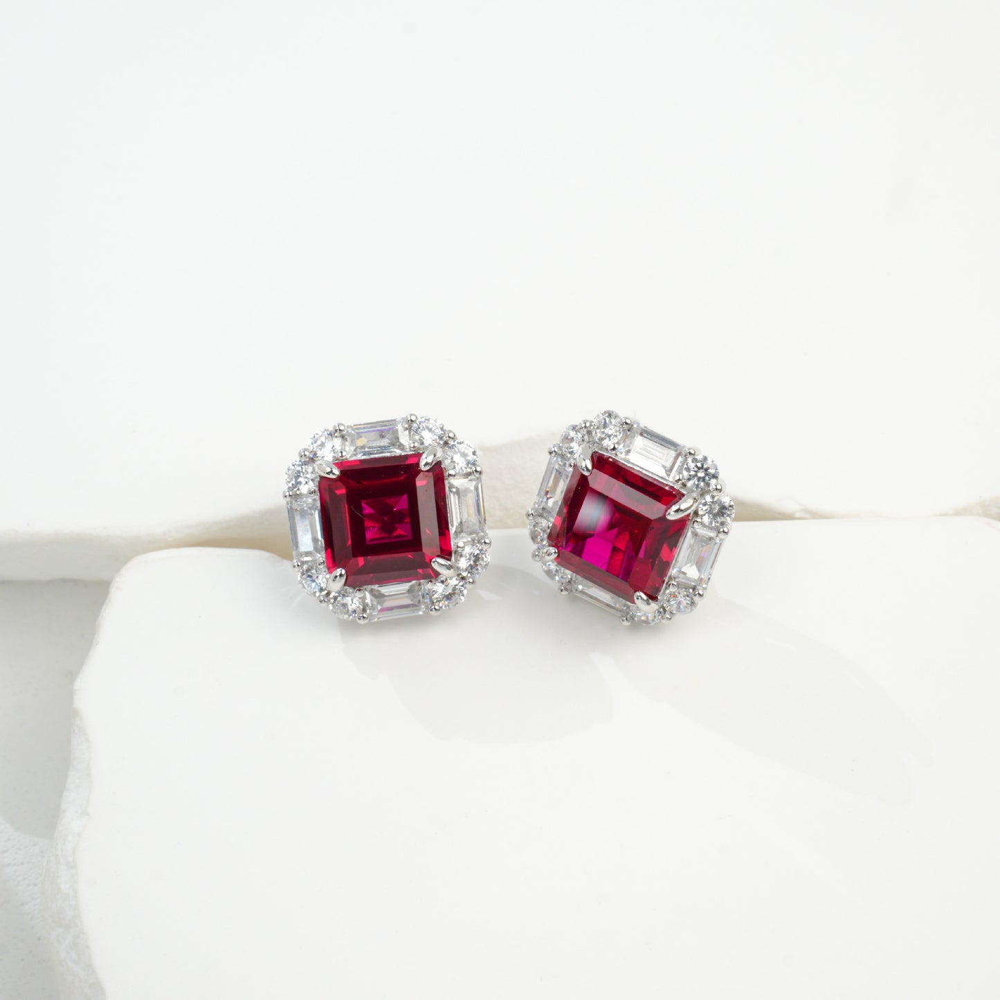 S925 Silver Lab Ruby Stud Earrings Full Diamond Halo, Anniversary Versatile Gift - Photo 6