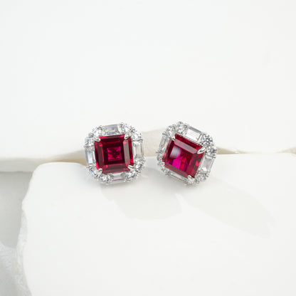 S925 Silver Lab Ruby Stud Earrings Full Diamond Halo, Anniversary Versatile Gift - Photo 6