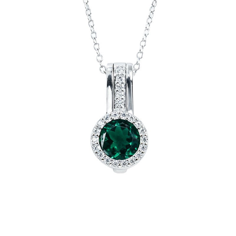 S925 Silver Lab Emerald Pendant Round Full Diamond Halo coloured Gemstone, Evening Gift - Photo 5