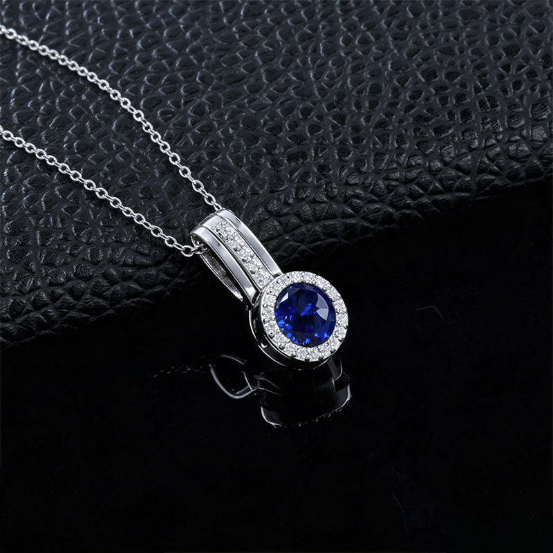 S925 Silver Lab Sapphire Round Halo Pendant Pave Diamond, Anniversary Gift - Photo 4
