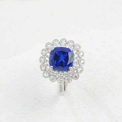 S925 Sterling Silver Lab Sapphire Cushion Halo Ring, Valentine Birthday Gift for Girlfriend - Photo 6