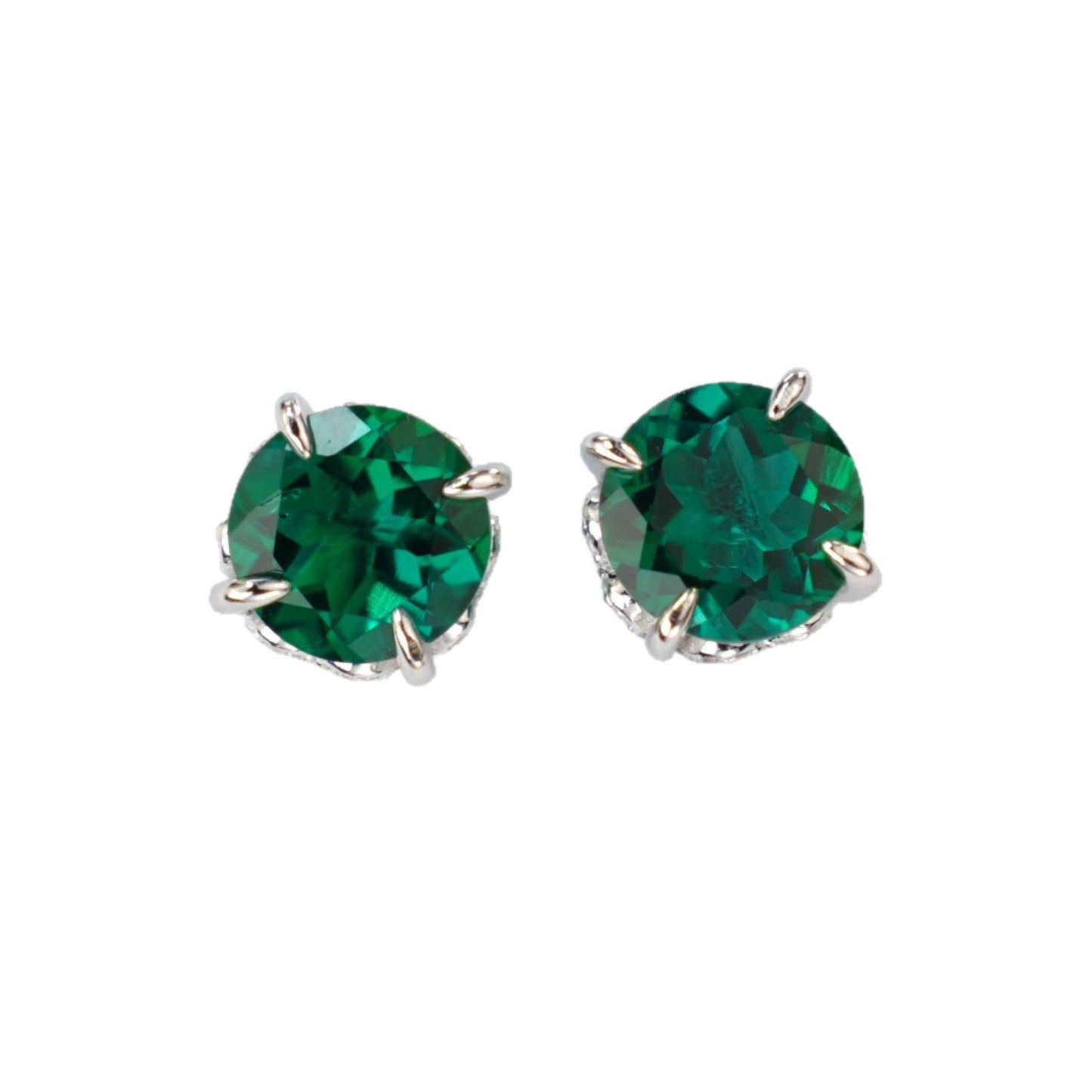 S925 Silver Round Lab Emerald Stud Earrings, Gemstone Simple - Photo 5