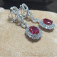 S925 Sterling Silver Lab Pigeon Blood Ruby Sunflower Halo Long Earrings, for Women - Photo 4
