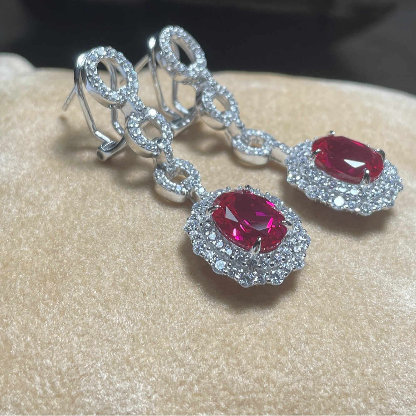 S925 Sterling Silver Lab Pigeon Blood Ruby Sunflower Halo Long Earrings, for Women - Photo 4