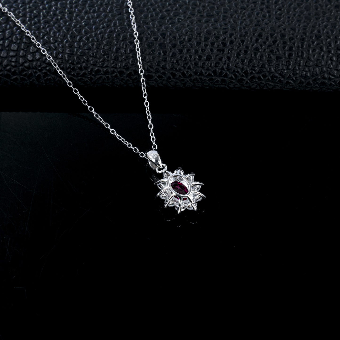 Classic Rose Red Ruby Diamond Silver Necklace, Vintage Premium Elegant - Photo 4