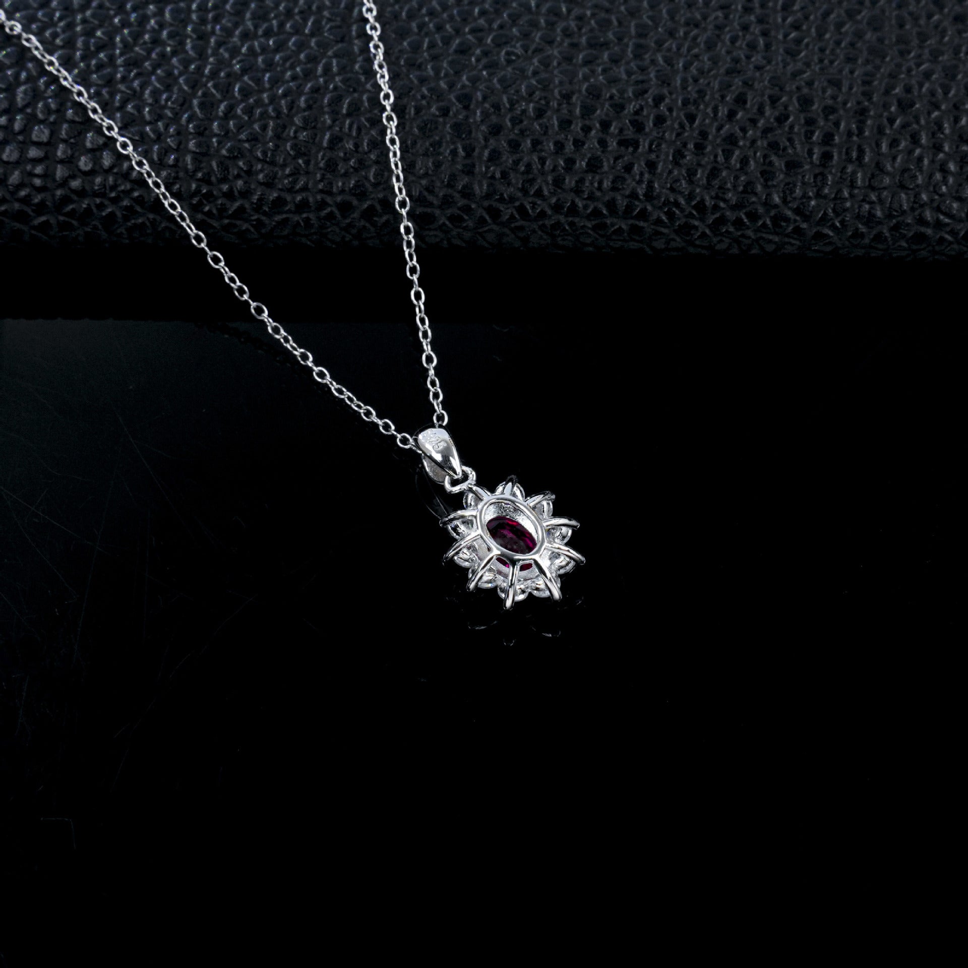 Classic Rose Red Ruby Diamond Silver Necklace, Vintage Premium Elegant - Photo 4