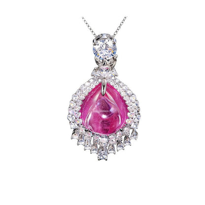 S925 Sterling Silver Lab Pink Ruby Teardrop Pave Pendant Choker Necklace, Premium Elegant - Photo 5