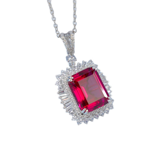 S925 Sterling Silver Lab Pigeon Blood Ruby Halo Pendant Necklace, Vintage Engagement - Photo 5
