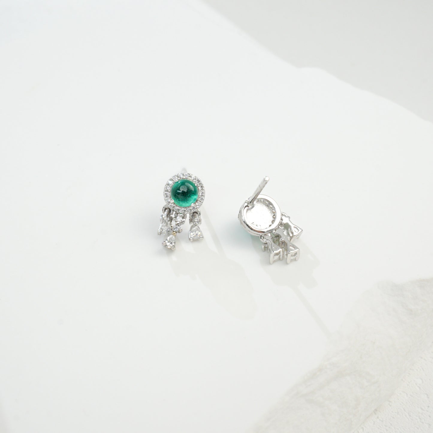 S925 Sterling Silver Lab Emerald Halo Tassel Earrings, Versatile - Photo 2