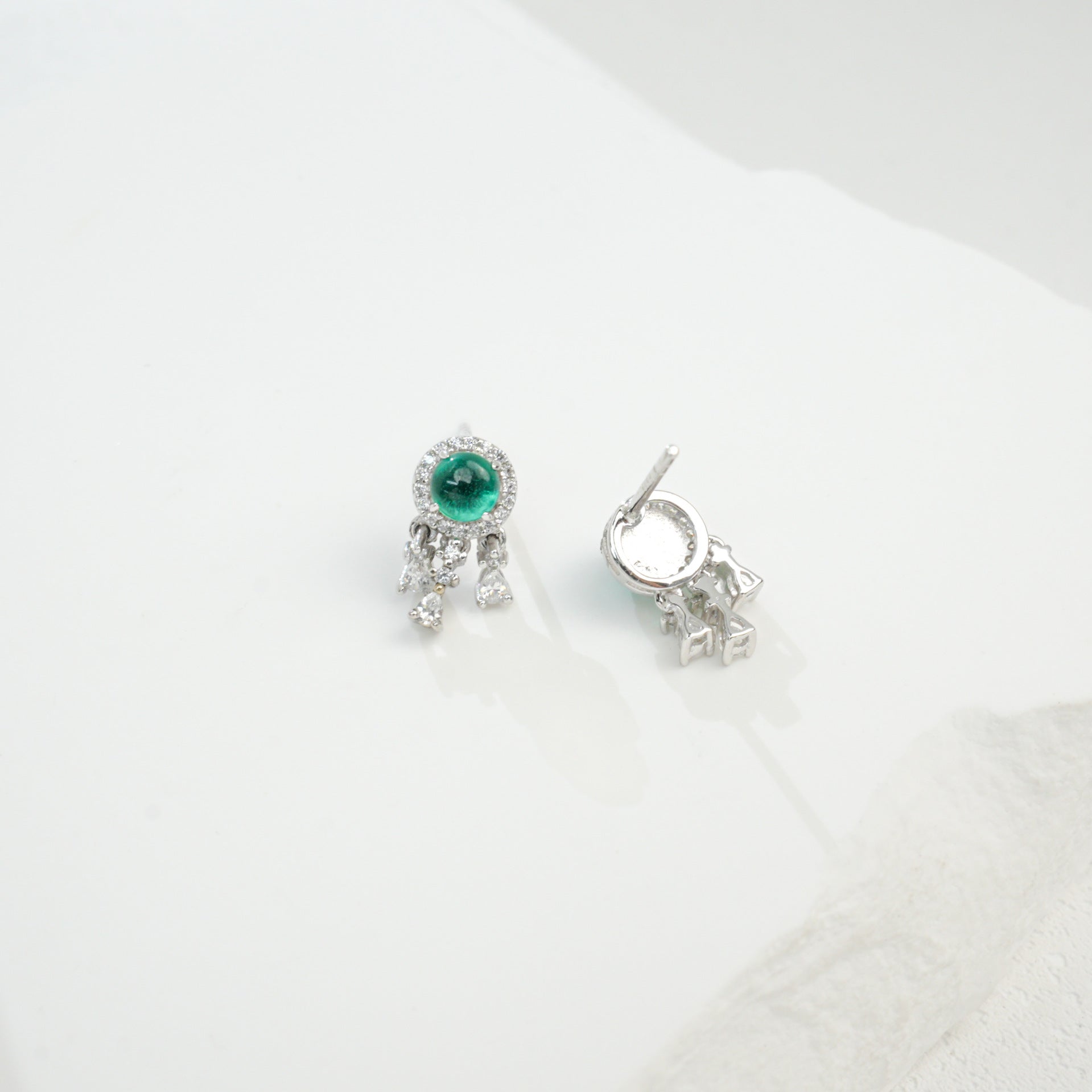 S925 Sterling Silver Lab Emerald Halo Tassel Earrings, Versatile - Photo 2