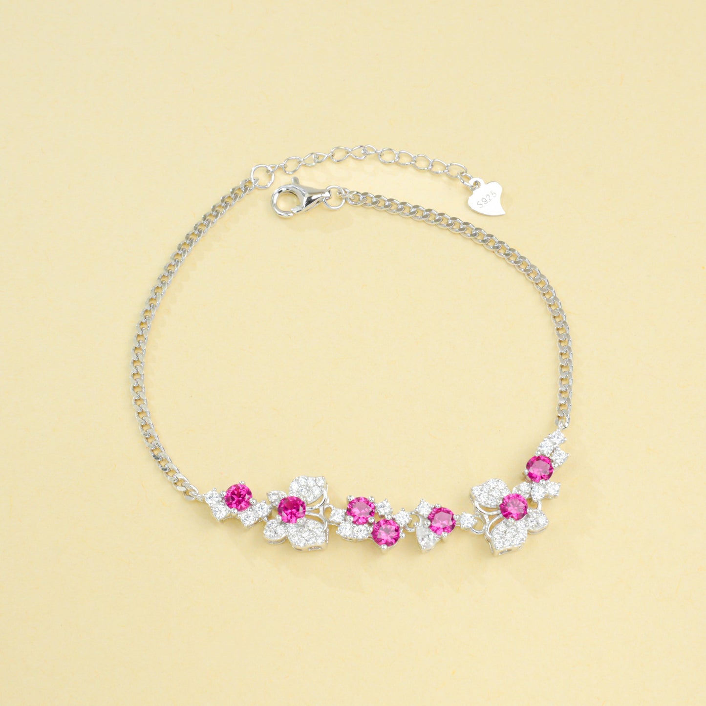 S925 Silver Round Ruby Diamond Flower Bracelet, Gentle Elegant Direct - Photo 6