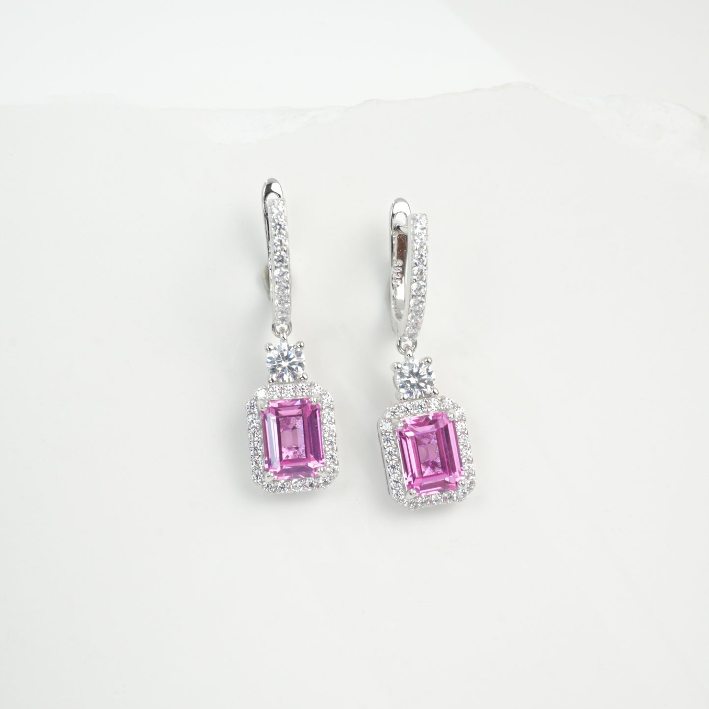 S925 Sterling Silver Lab Padparadscha Square Emerald-Cut Drop Earrings, Vintage Versatile - Photo 5