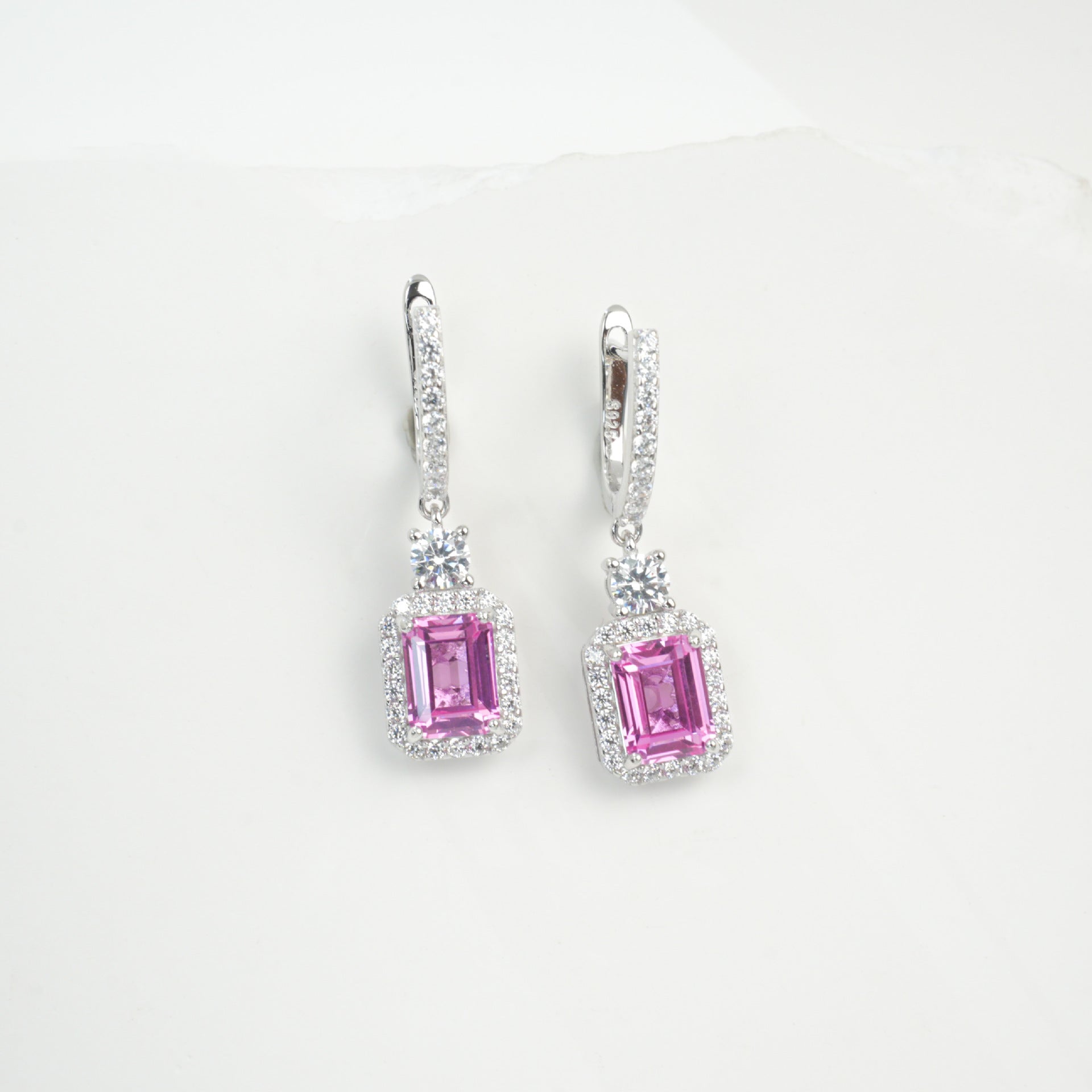 S925 Sterling Silver Lab Padparadscha Square Emerald-Cut Drop Earrings, Vintage Versatile - Photo 5