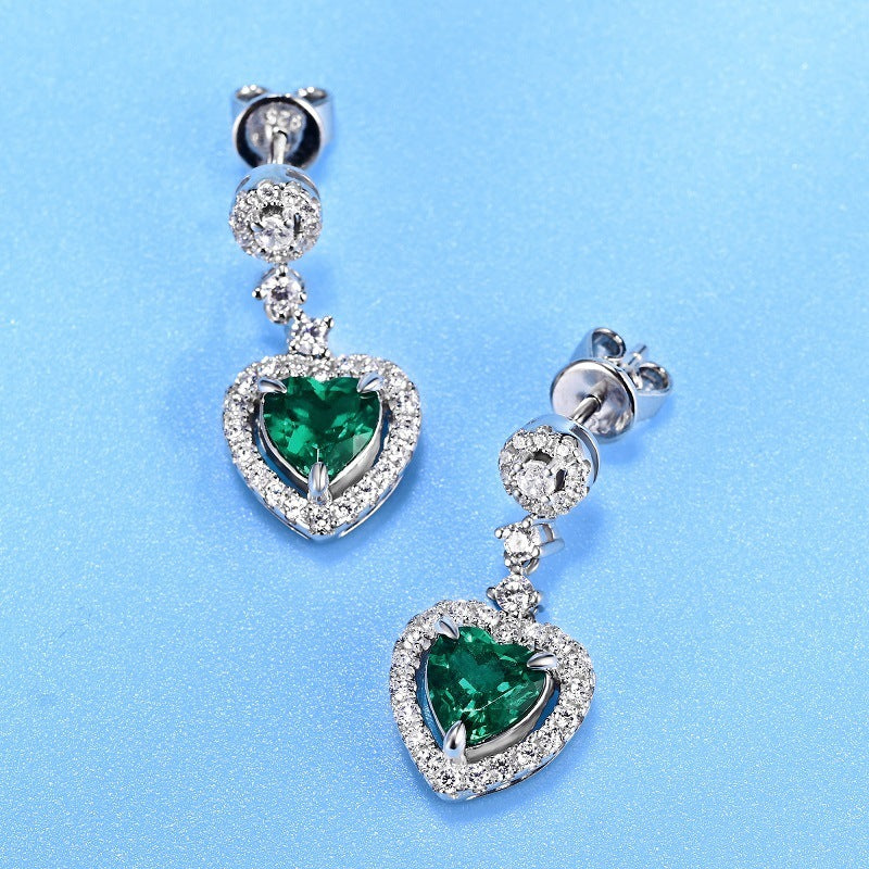 S925 Sterling Silver Lab Emerald Heart Halo Long Drop Earrings, for Women - Photo 2