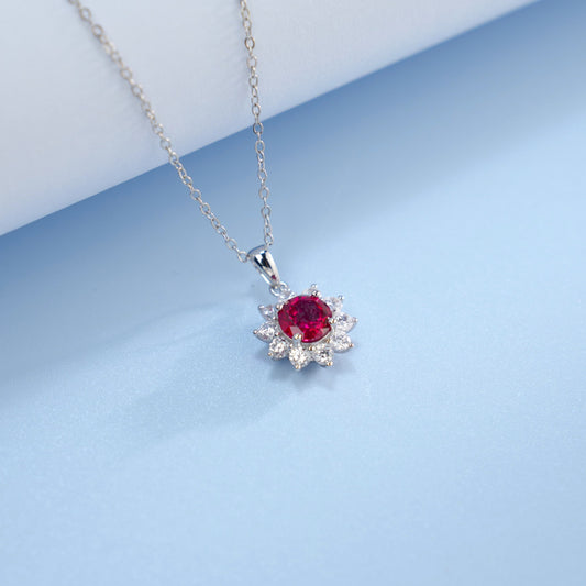 S925 Sterling Silver Lab Pigeon Blood Ruby Sunflower Halo Pendant Choker, Luxurious Premium - Photo 3