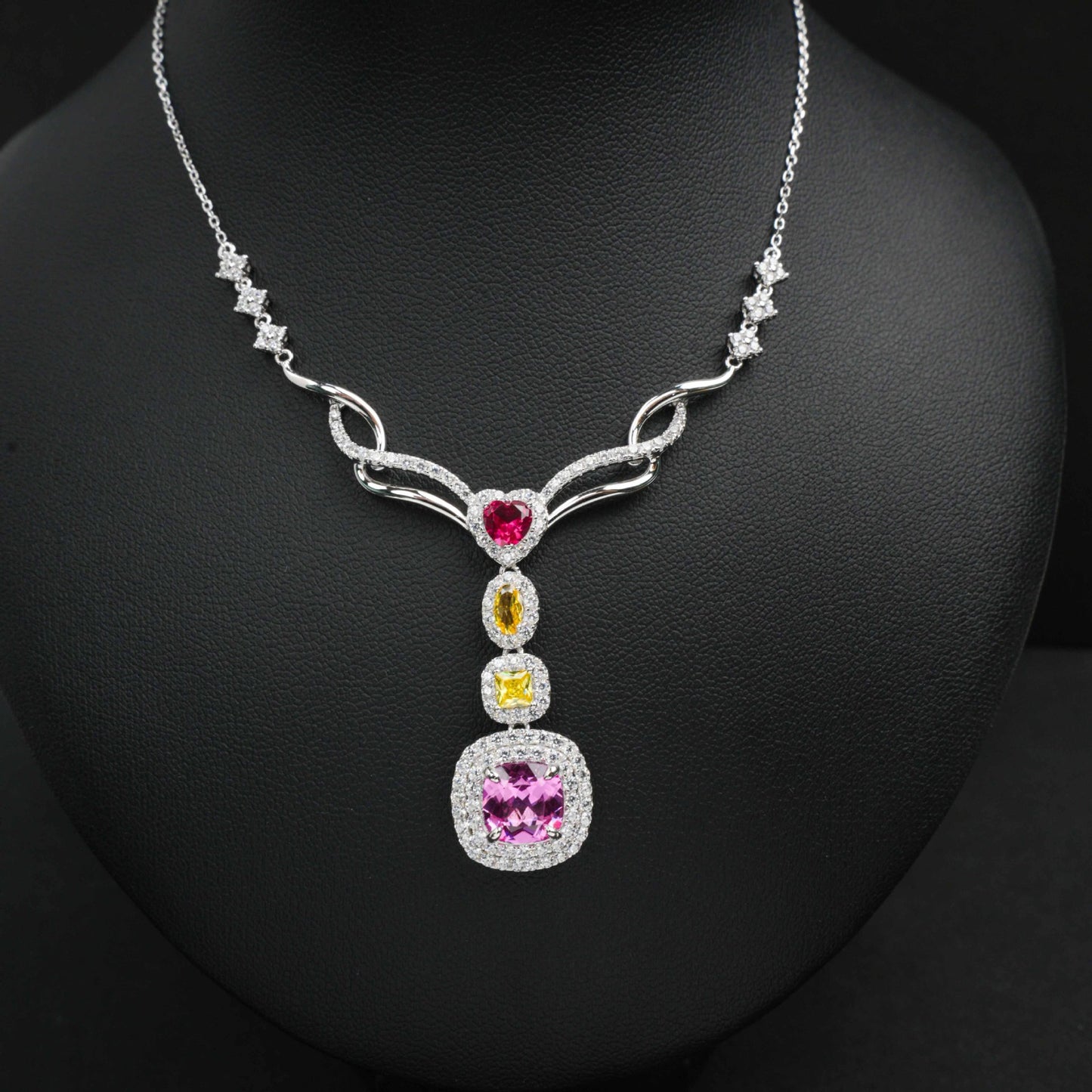 S925 Sterling Silver Square Lab Padparadscha Pendant Necklace, Designer - Photo 4