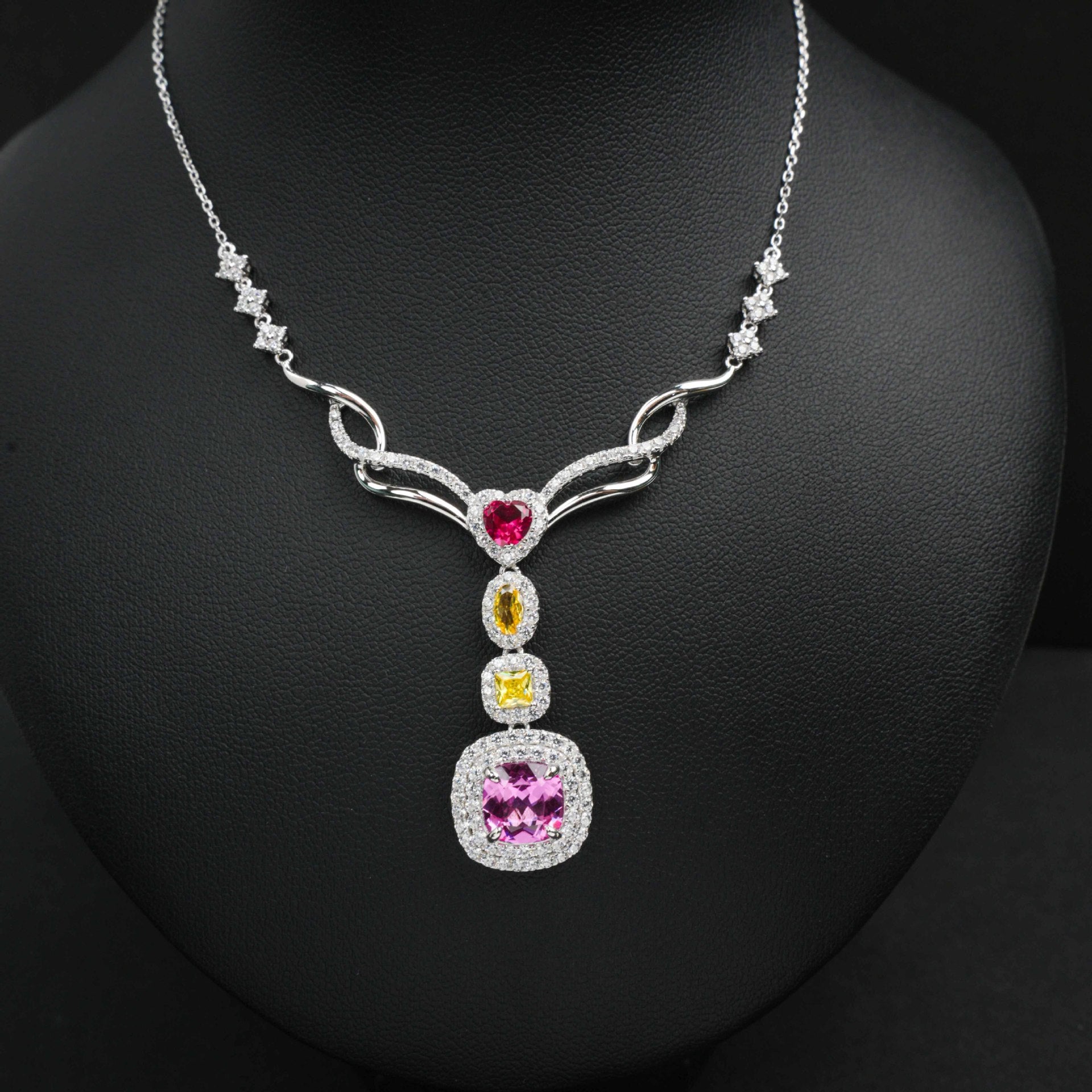 S925 Sterling Silver Square Lab Padparadscha Pendant Necklace, Designer - Photo 4