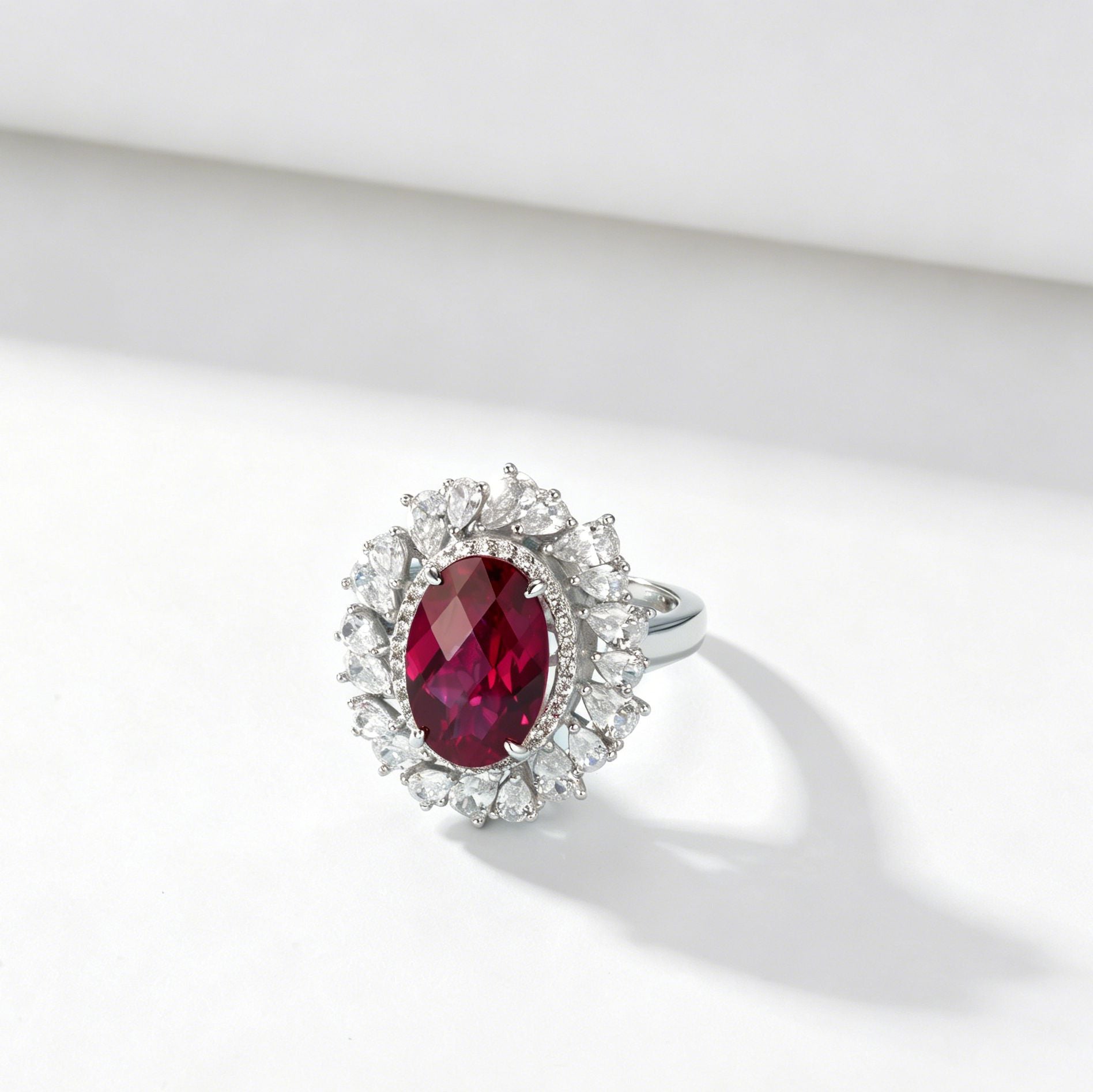 S925 Silver Lab Ruby Oval Ring, Bold Design - Photo 4