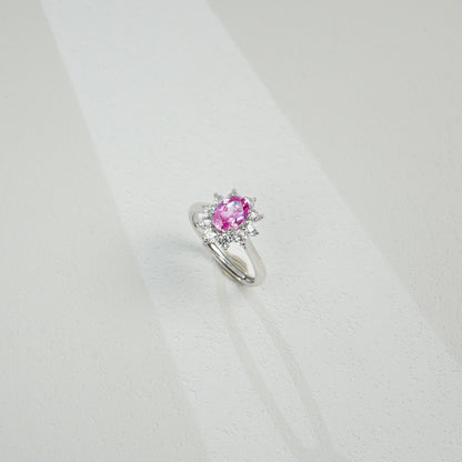 S925 Sterling Silver Oval Pink Diamond Sunflower Halo Ring, for Women - Photo 4