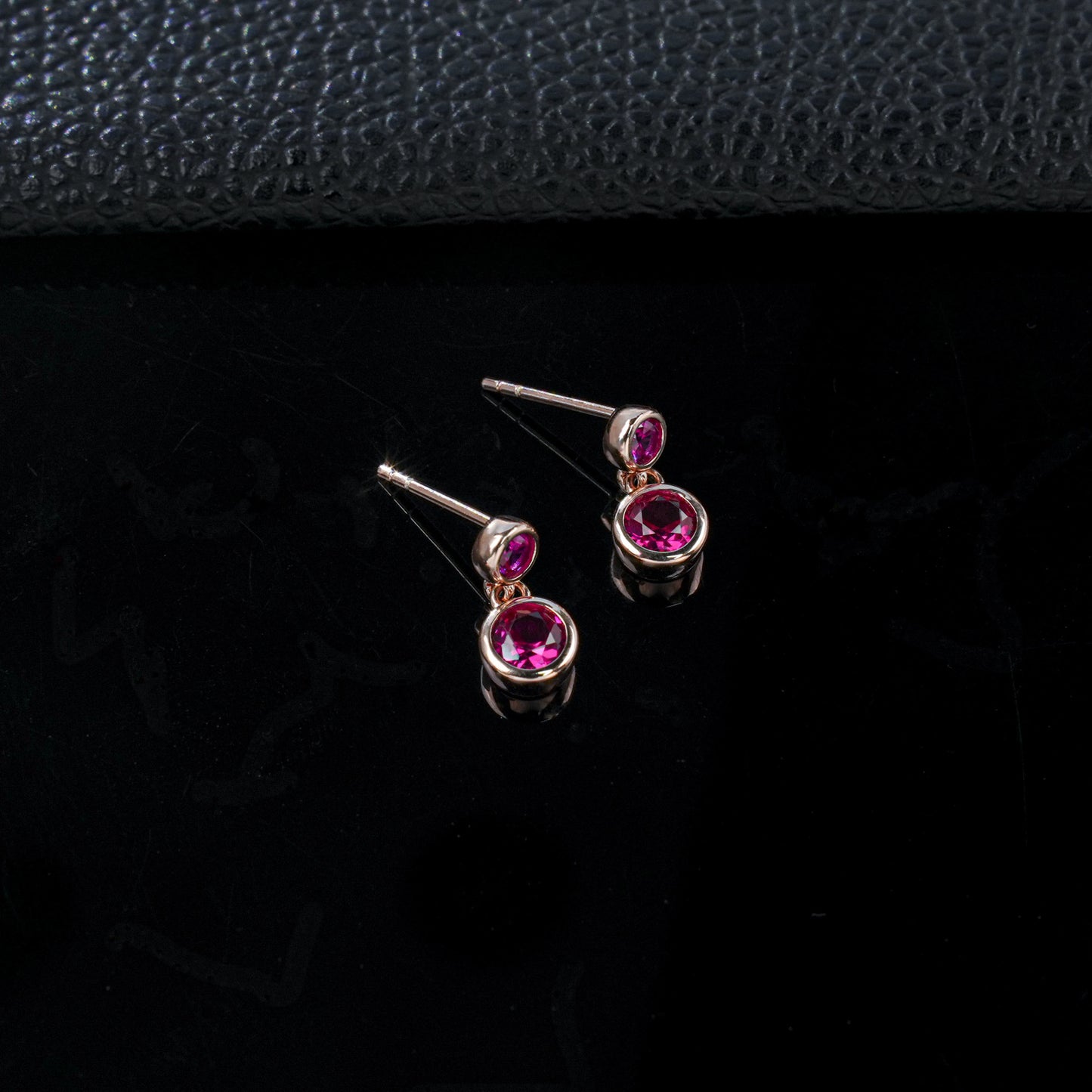 S925 Silver Double-Layer Round Ruby Stud Earrings, Rose Gold Full - Photo 6