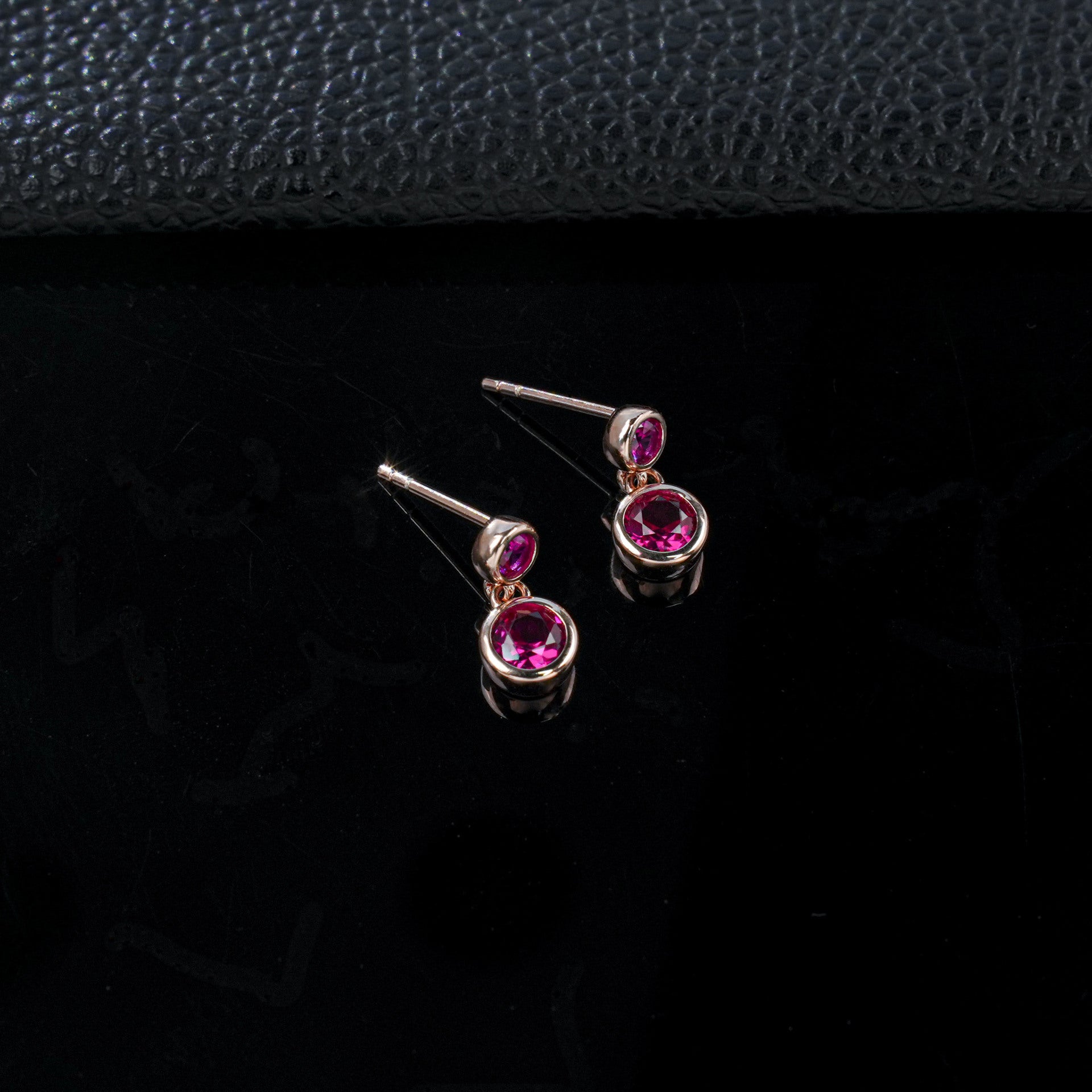 S925 Silver Double-Layer Round Ruby Stud Earrings, Rose Gold Full - Photo 6